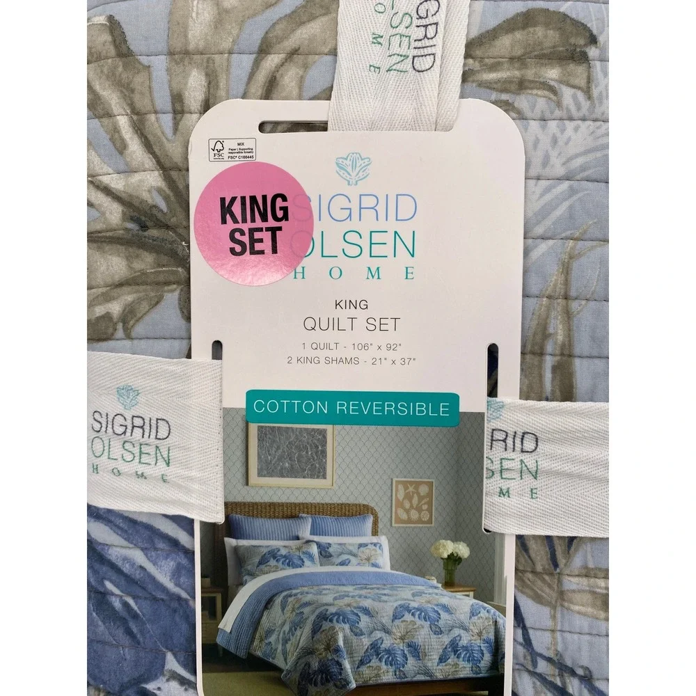 Sigrid Olsen Home Quilt Set King Blue Tropical Leaf Reversible Cotton Botanical - Picture 4 of 11